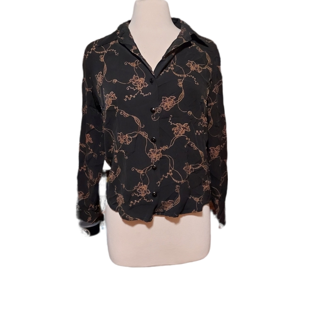 Liz Claiborne Petite 10 Button Down Shirt 100% Silk Black Floral Gold …